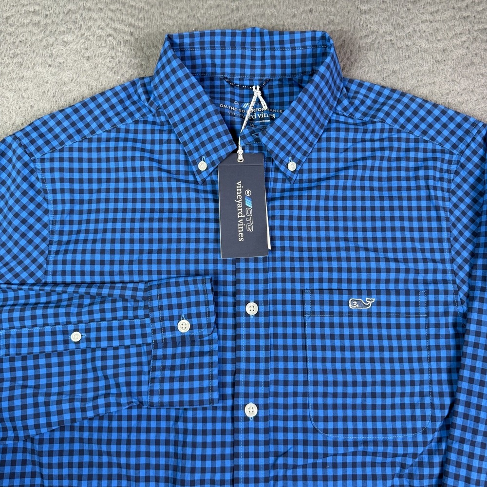 Vineyard Vines On The Go Performance Shirt Mens M Blue Plaid Check Button NEW